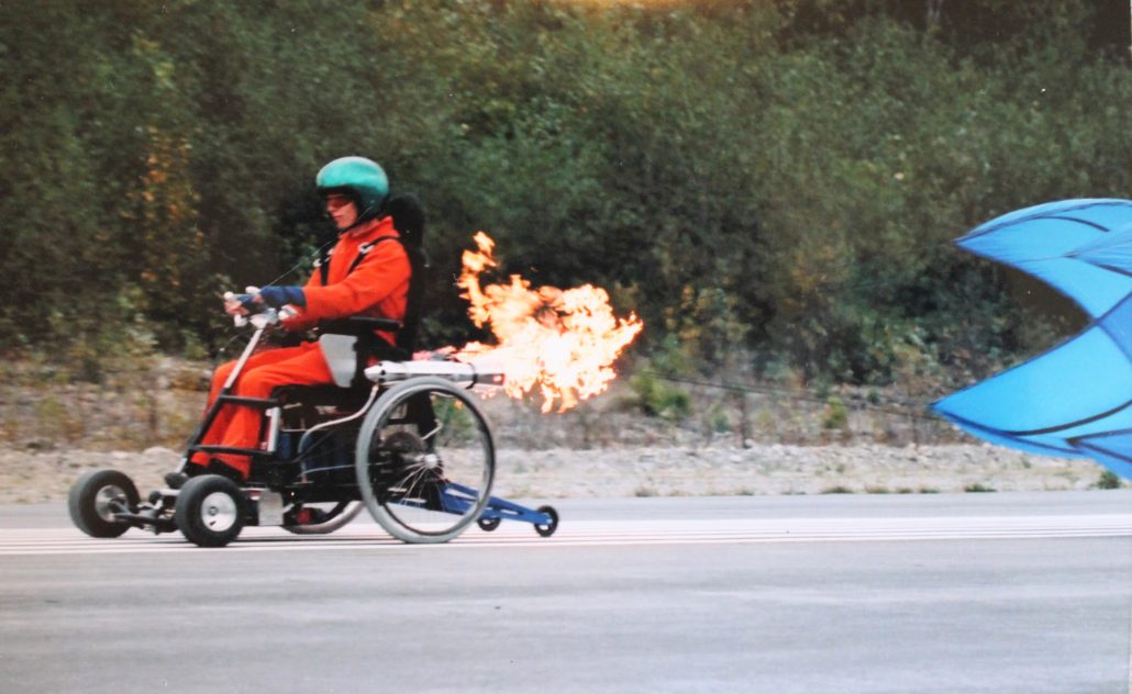 Rocketpropelled wheelchair. • Free Wheelin'